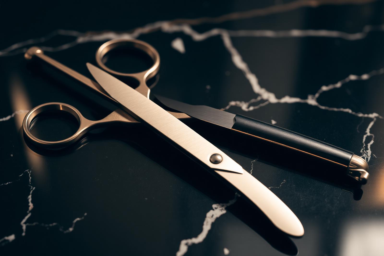 Barber škare i britva na tamnom mramoru